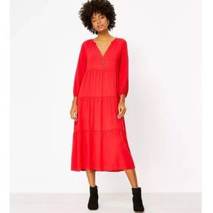 LOFT Tiered Midi Swing Dress Petite Small Red  Worn Once
